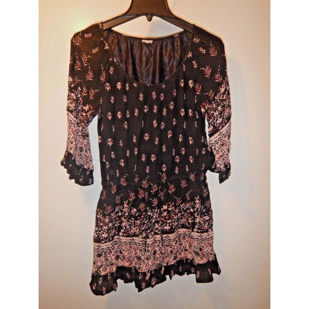 En Creme Womens S Black Floral Boho Tunic Dress Bell Sleeve Ruffle Hem Paisley